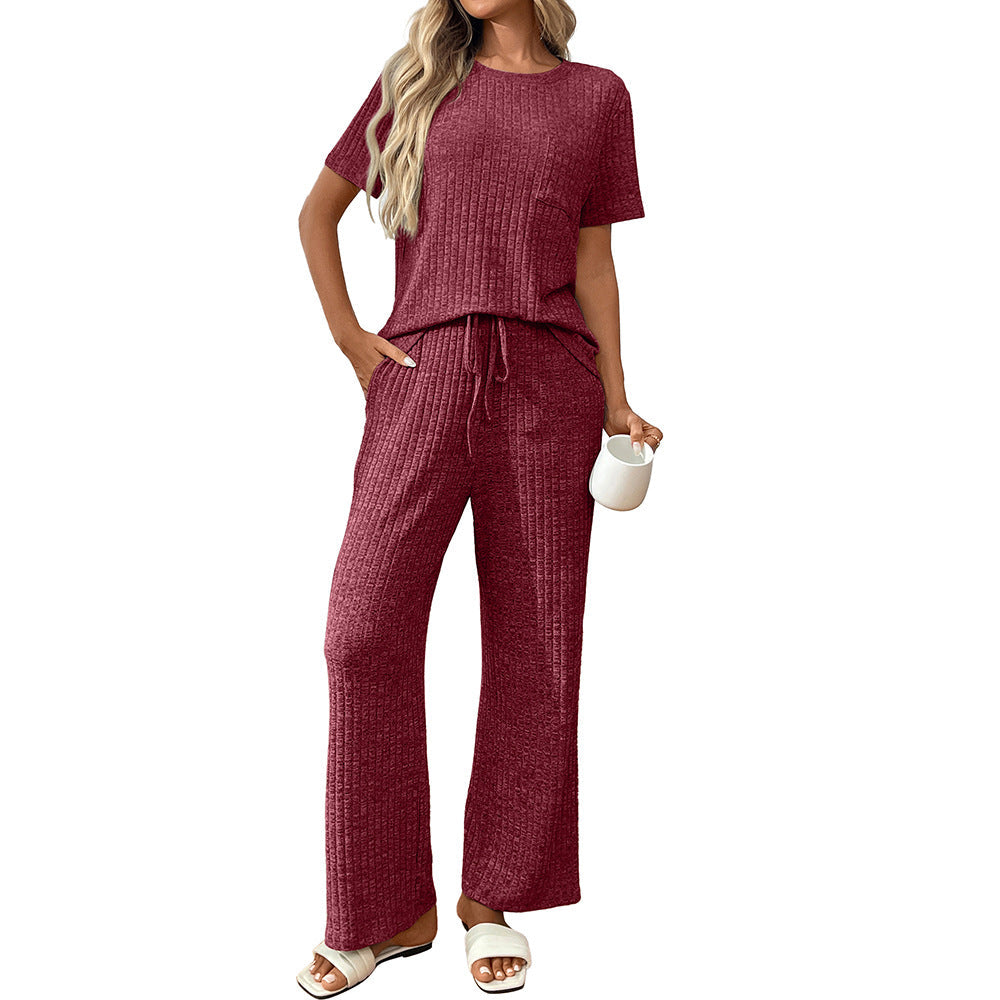 Ribbed Knit Lounge Set with Short Sleeve Top and Pants