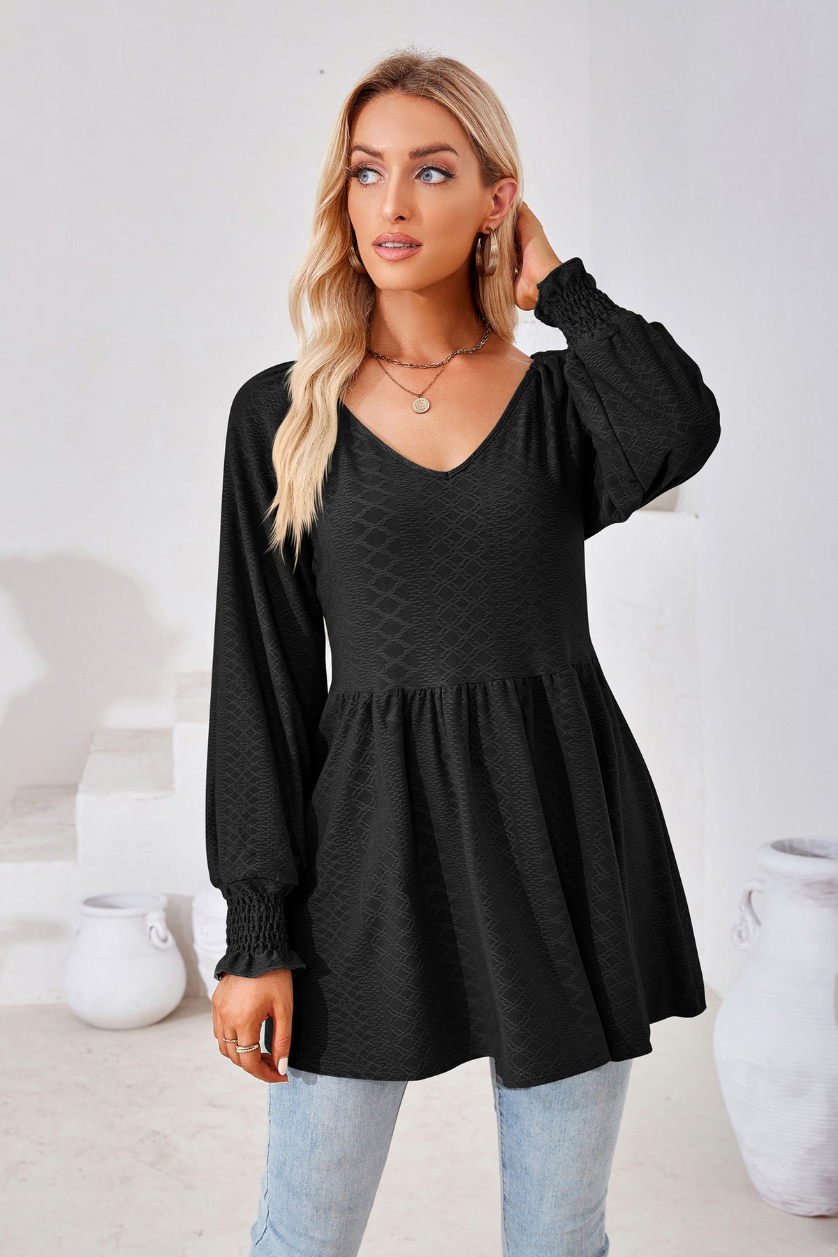 Women's V Neck Long Sleeve Textured Babydoll Tunic Top