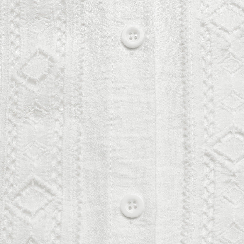 Ruffle Trim Stand Collar White Blouse Long Sleeve Top