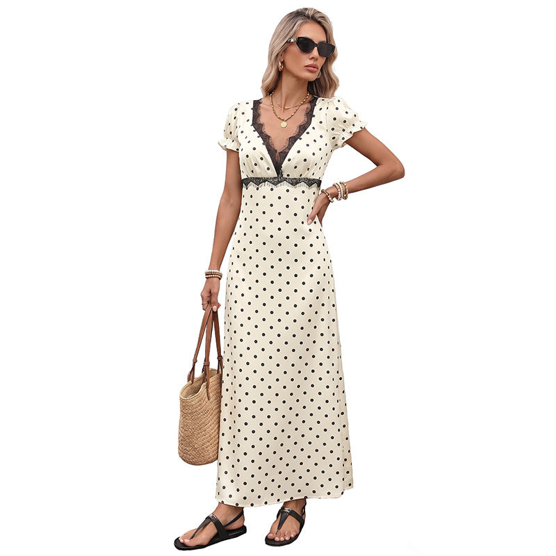 Polka Dot Woven Dress Vintage Lace Trim Maxi