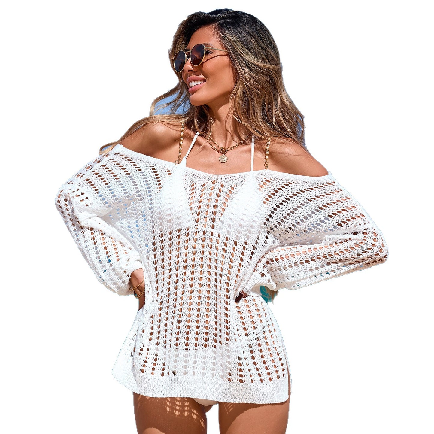 Off Shoulder Crochet Beach Cover Up Sweater Top