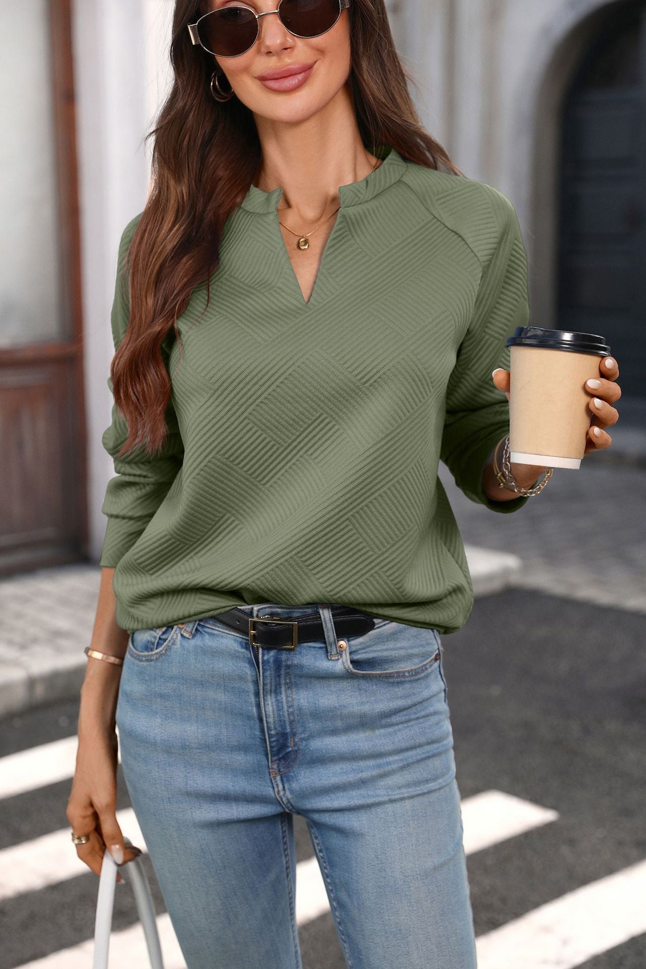 Textured Cotton Pullover V Neck Long Sleeve Trendy Top