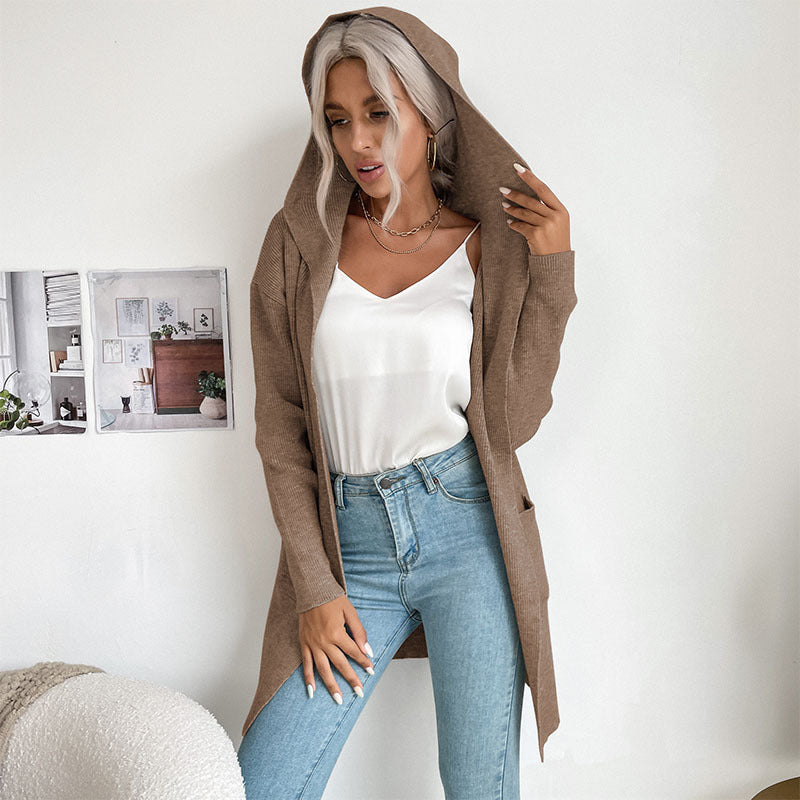 Hooded Knit Cardigan Long Sleeve Open Front Outerwear