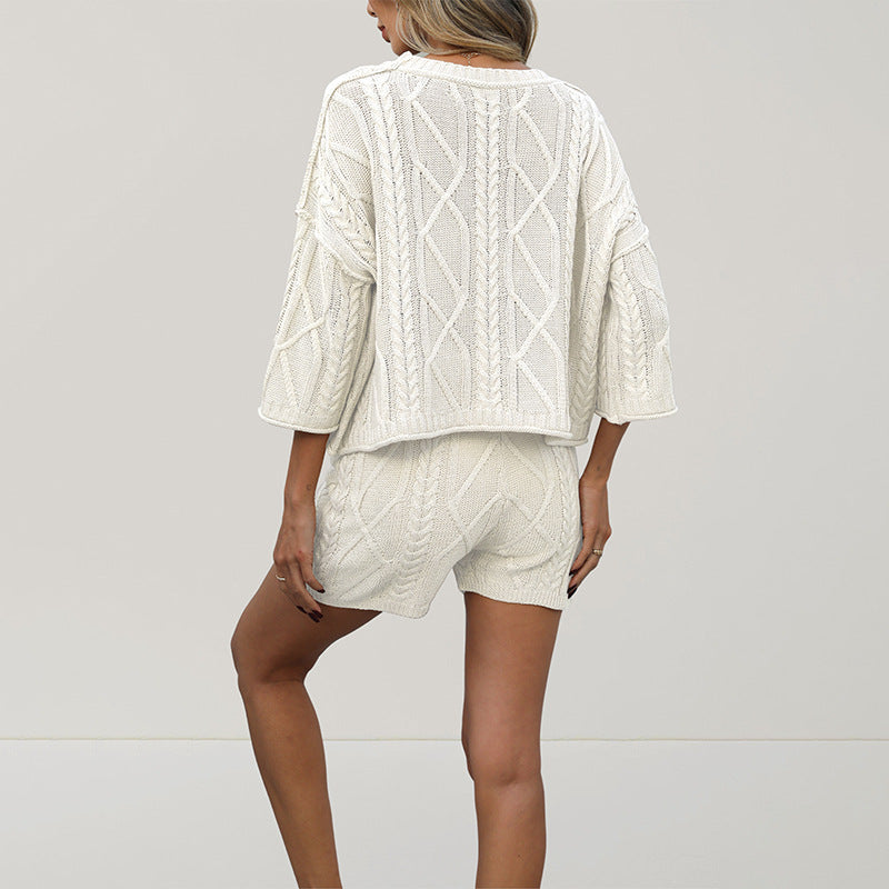Khaki Knit Lounge Set Cable Textured Top Shorts Set