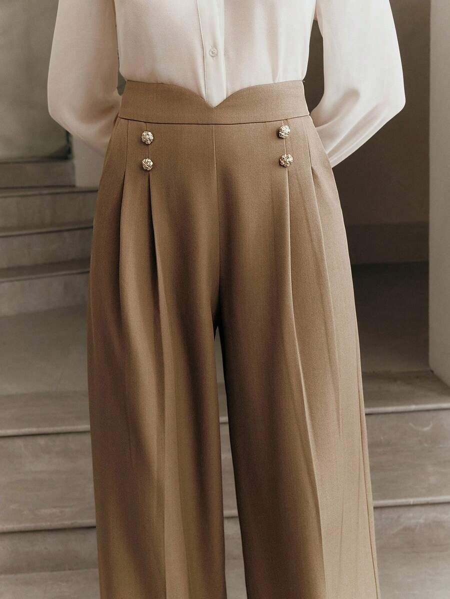 Women's High Waisted Wide Leg Work Pants Button Front