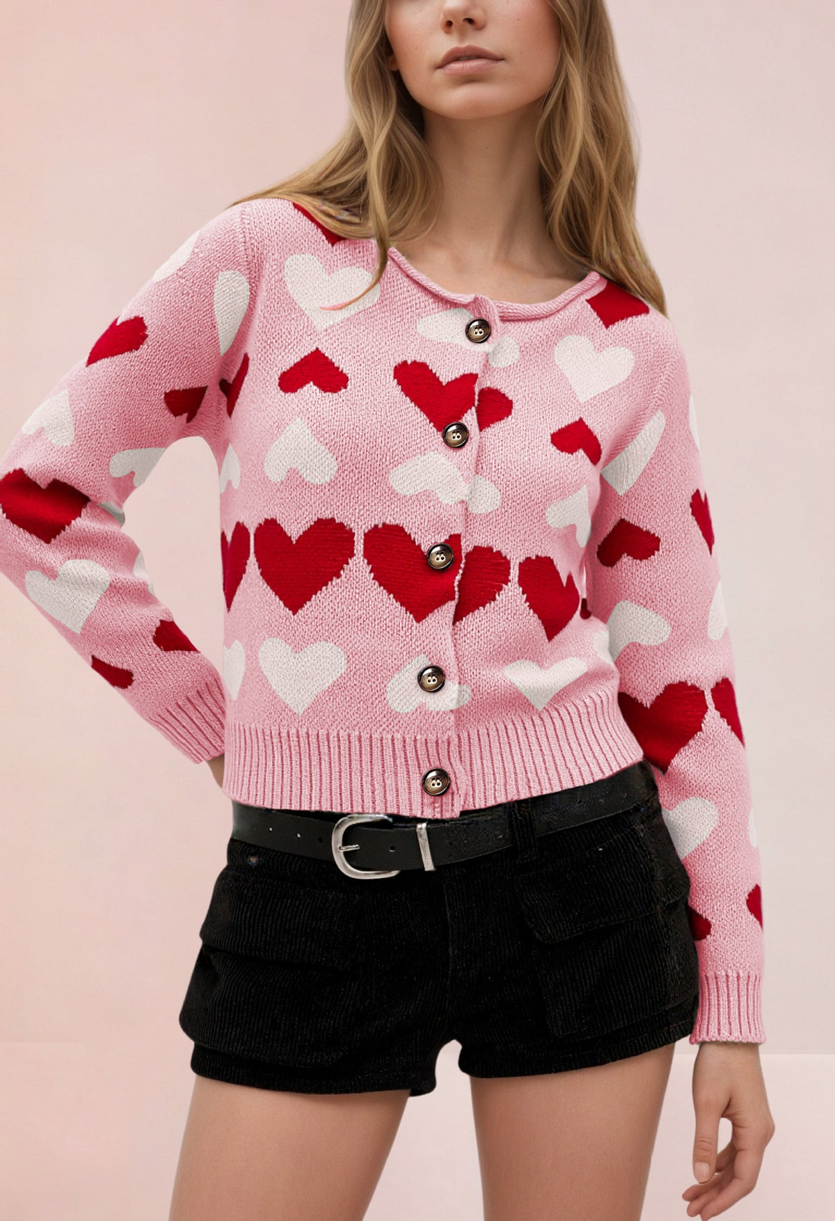 Women's Heart Print Color Block Knit Button Front Cardigan
