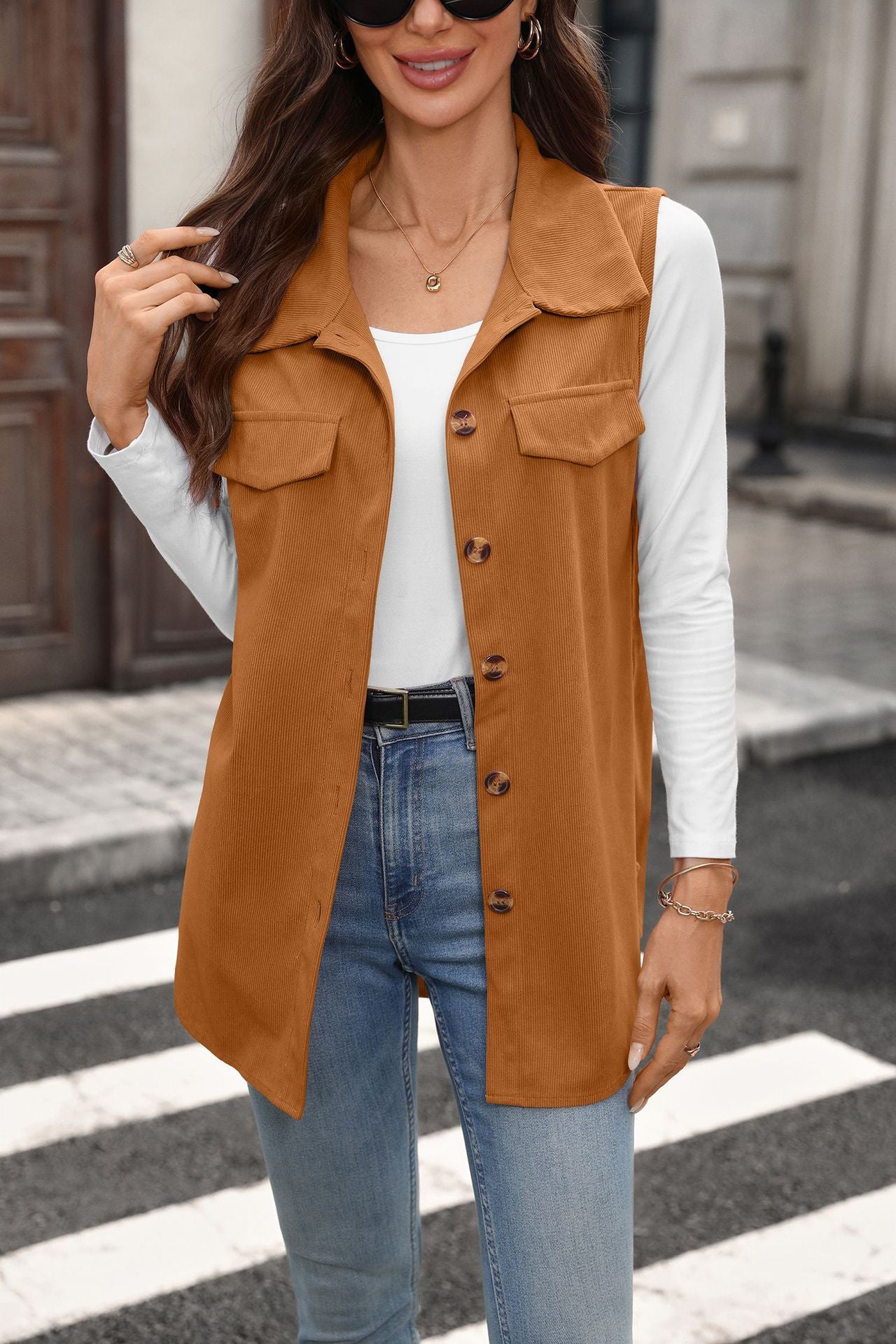 Solid Corduroy Vest Button Front Oversized Casual Layering