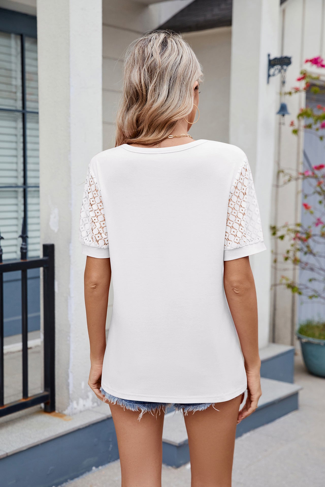 V-Neck Lace Sleeve Relaxed Fit Short Sleeve Top