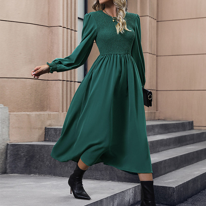 Elegant Green Long Sleeve Smocked Waist Midi Dress