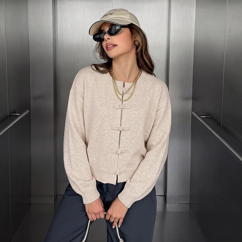 Frog Button Crew Neck Knit Cardigan Sweater
