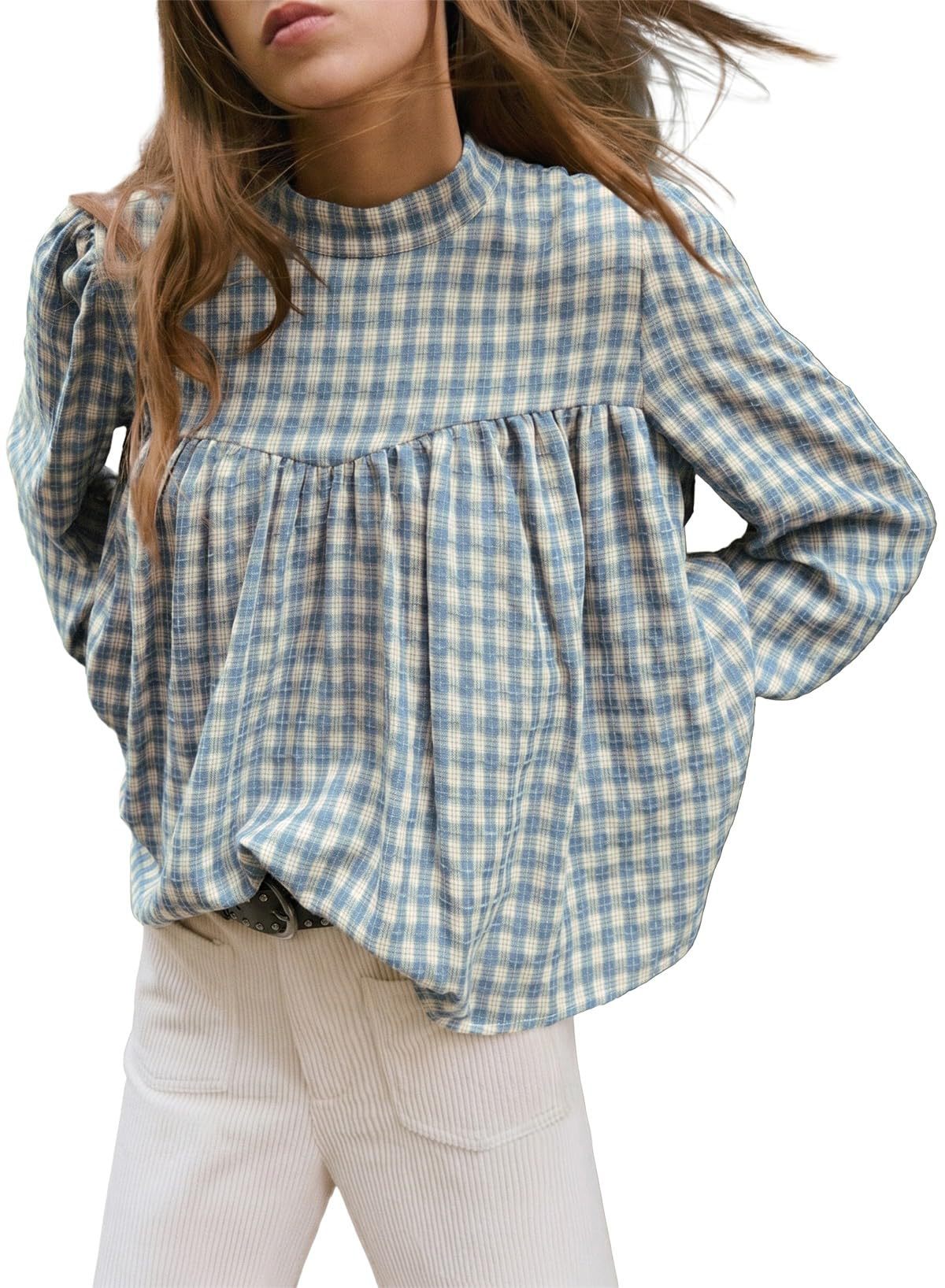 Plaid Mock Neck Babydoll Blouse Long Sleeve Top