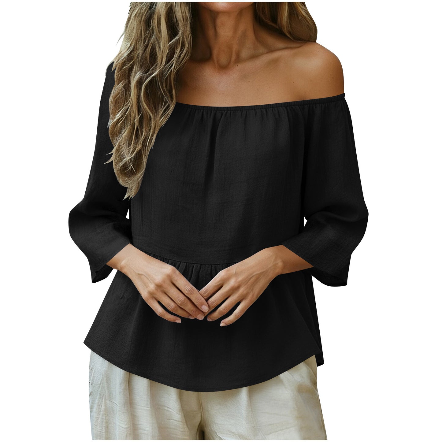 Solid Linen Blend Blouse Boho Peplum Long Sleeve Top