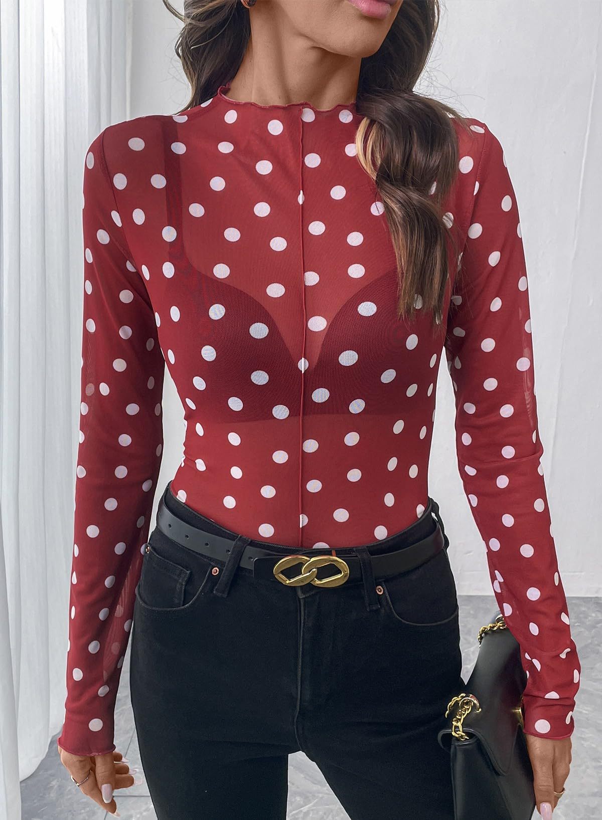 Polka Dot Mesh Top Sheer Fitted Club Blouse