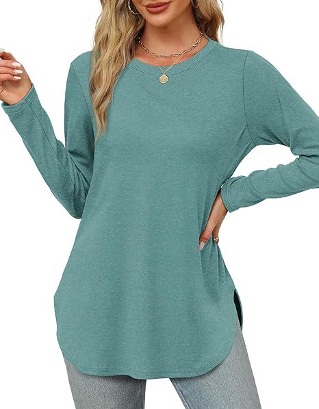 Women's Casual Long Sleeve Tunic Top Round Neck Side Slit