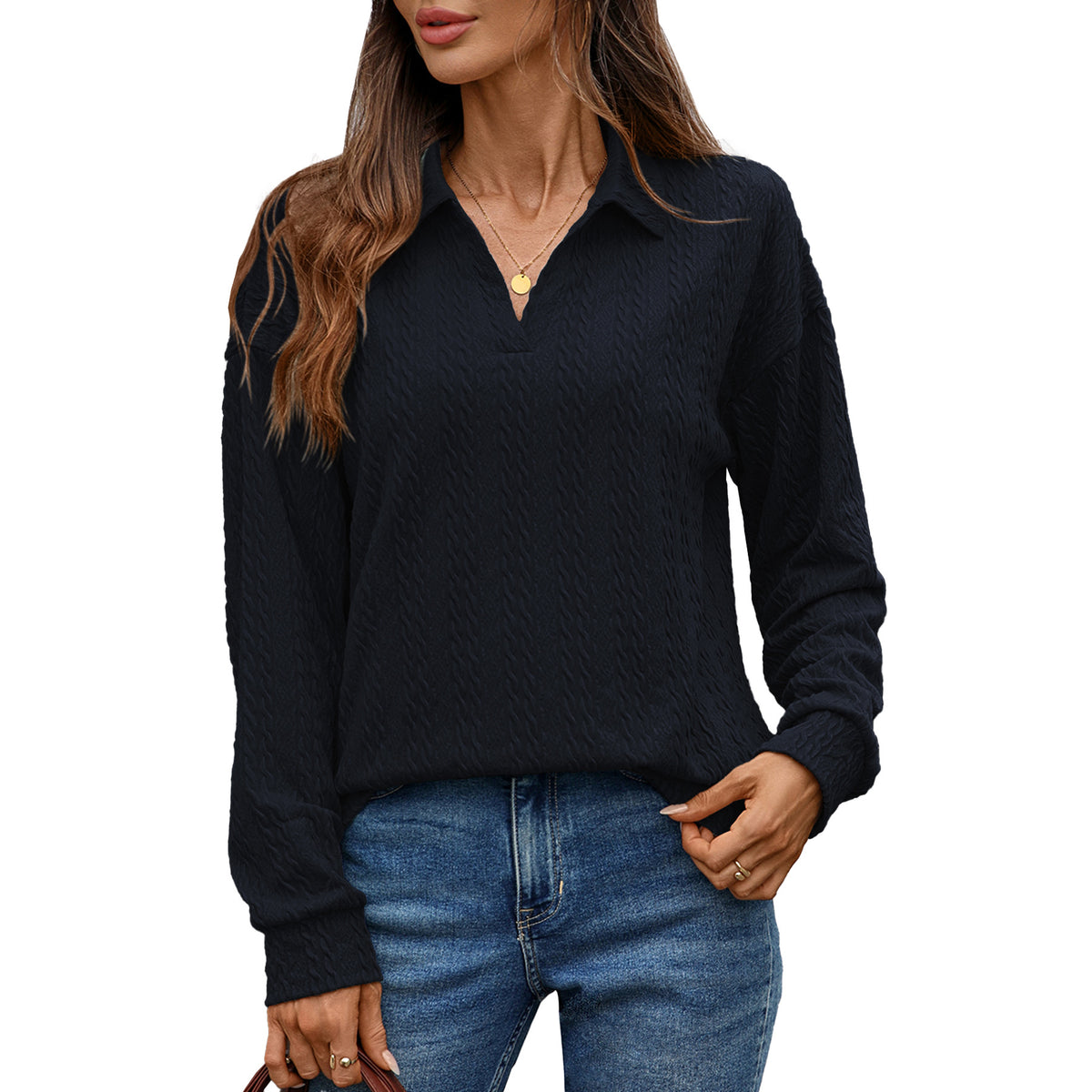 Women's Collared Long Sleeve Solid Pullover Top