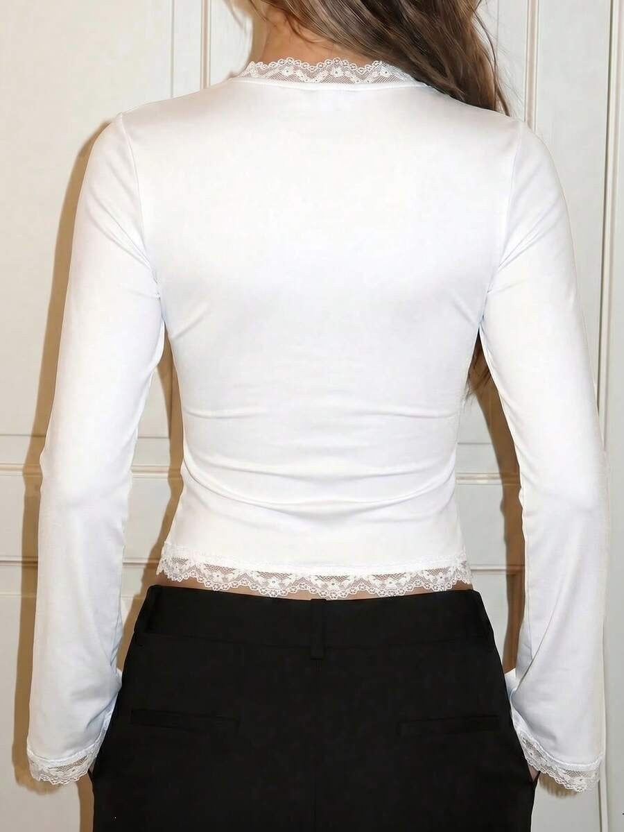 Lace Trim Deep V Neck Y2K Fitted Long Sleeve Top