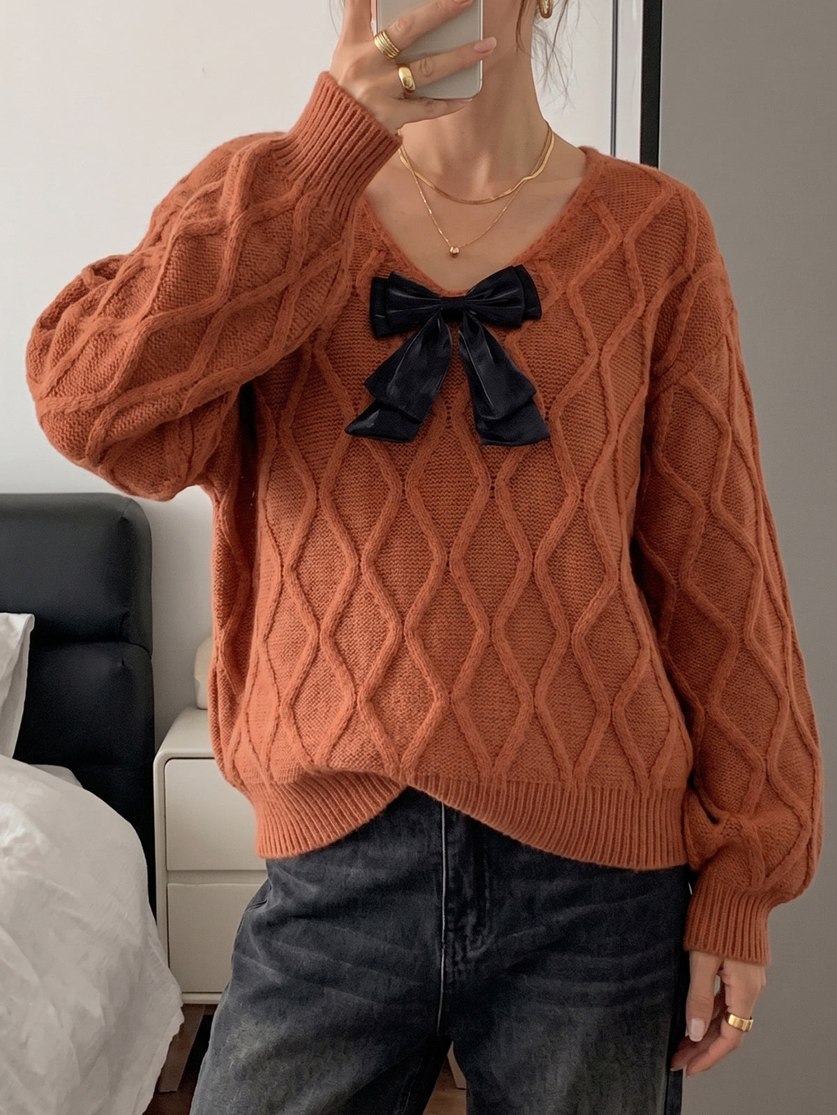 Womens V Neck Bow Sweater Oversized Cable Knit Pullover