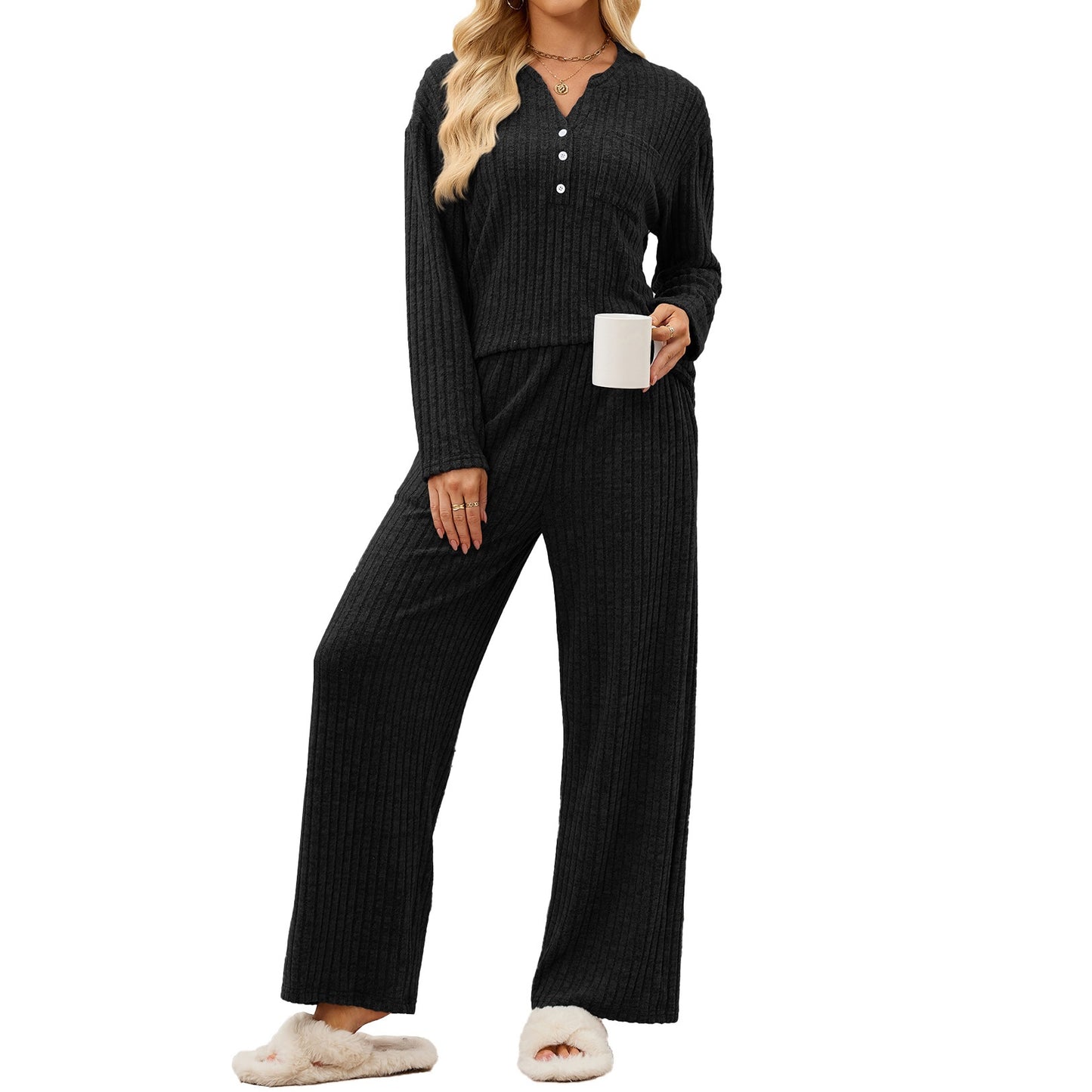 Women's Ribbed Lounge Set Button Front Wide Leg Pants
