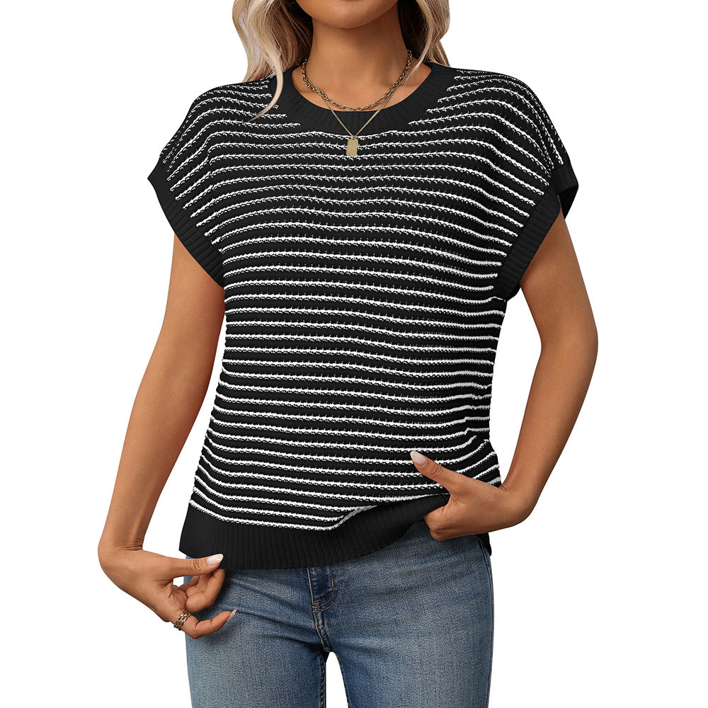 Red Stripe Lightweight Knit Short Sleeve Sweater Top