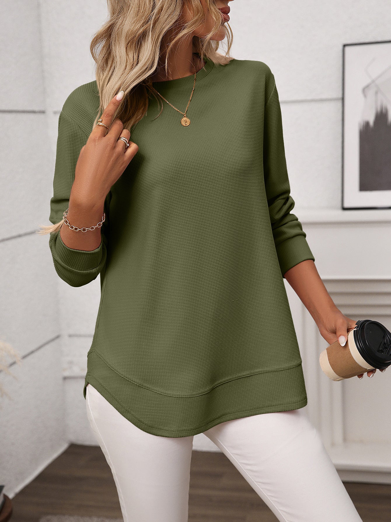 Waffle Knit Long Sleeve Top Relaxed Fit Casual Pullover