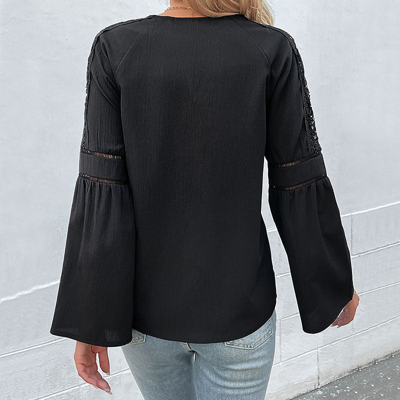 Black V-Neck Lace Trim Long Sleeve Blouse for Women