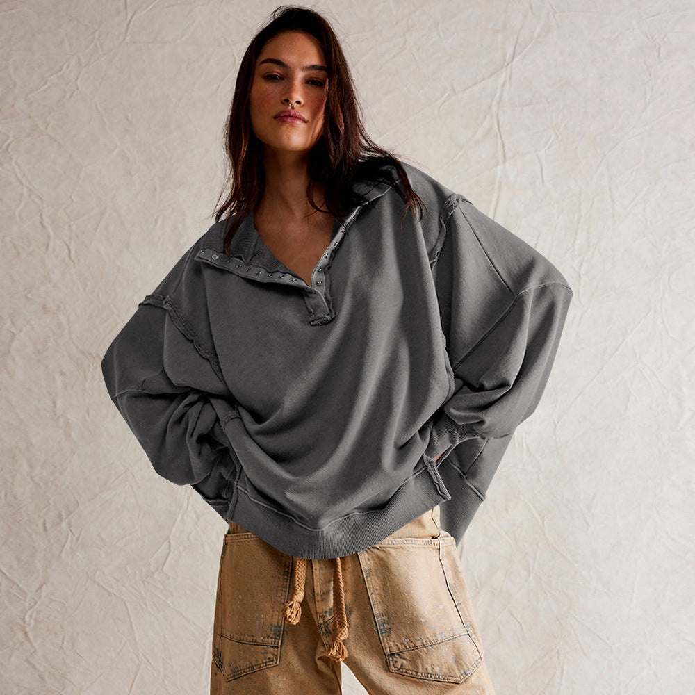 Oversized Collared Balloon Sleeve Split Hem Sweatshirt