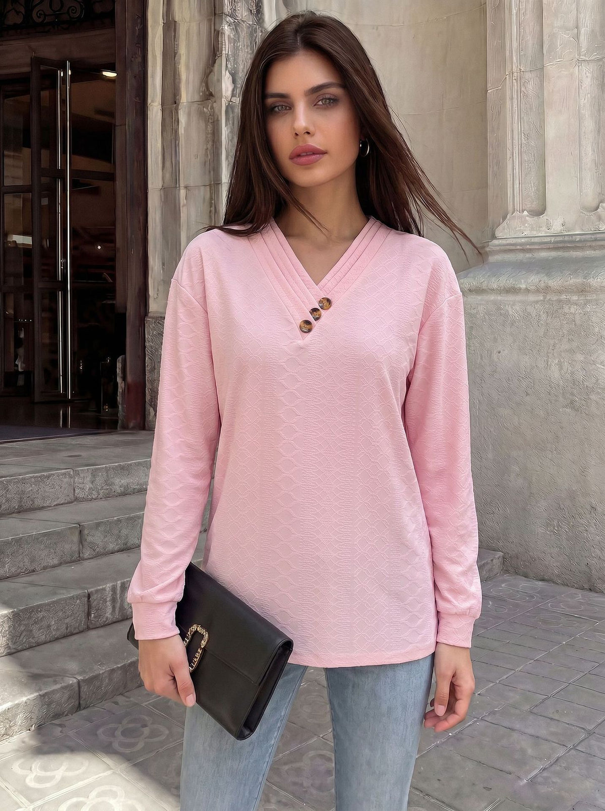 Women's V-Neck Button Detail Textured Long Sleeve Tunic Top