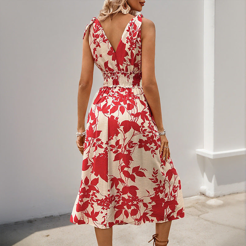 Red Floral Tie Shoulder Midi Dress Smocked Waist