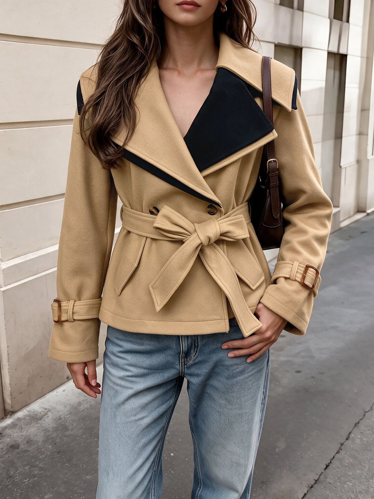 Women's Color Block Belted Cropped Short Coat
