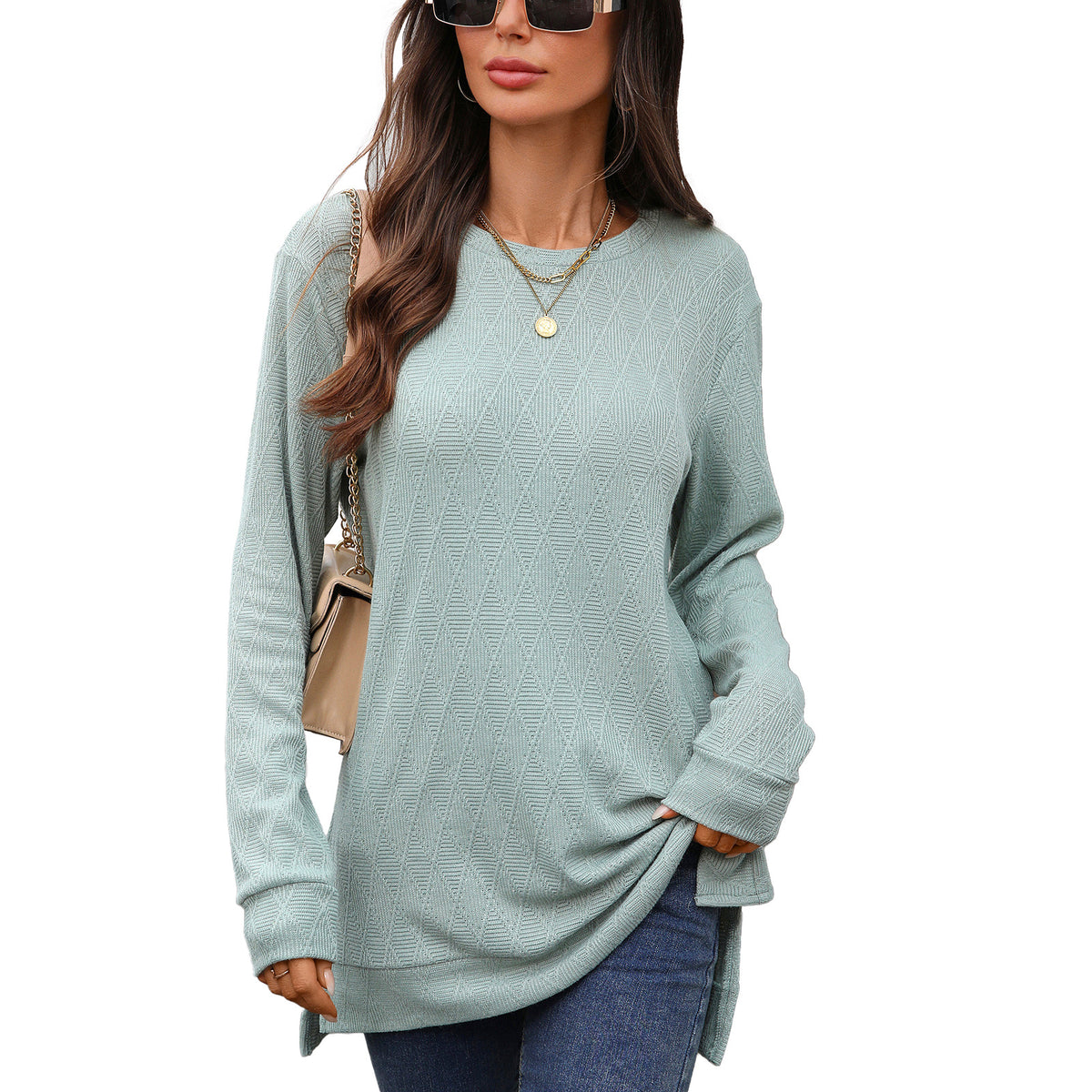 Women's Oversized Geometric Tunic Top Side Slit Long Sleeve
