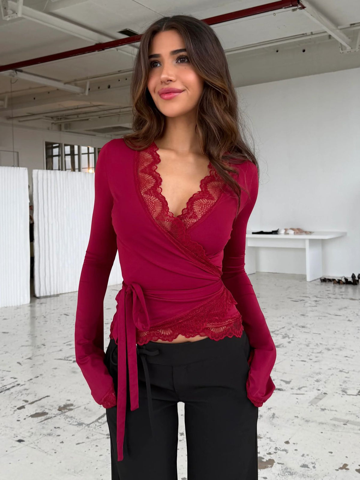 Women's Sexy Lace V Neck Wrap Top Flare Long Sleeve