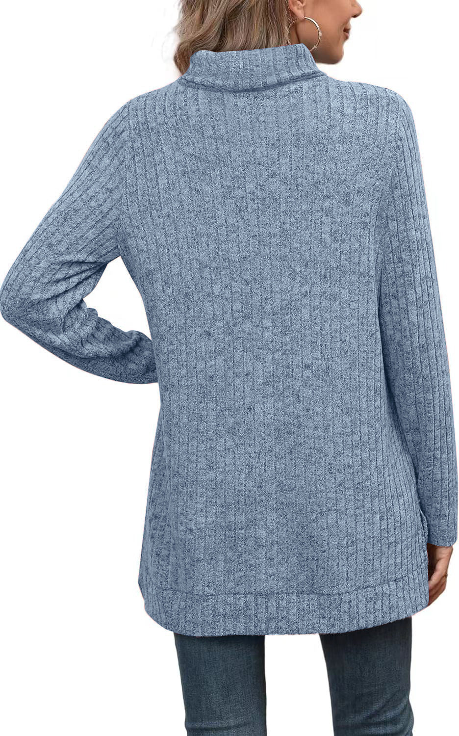Women's Oversized Ribbed Turtleneck Long Sleeve Slit Tunic