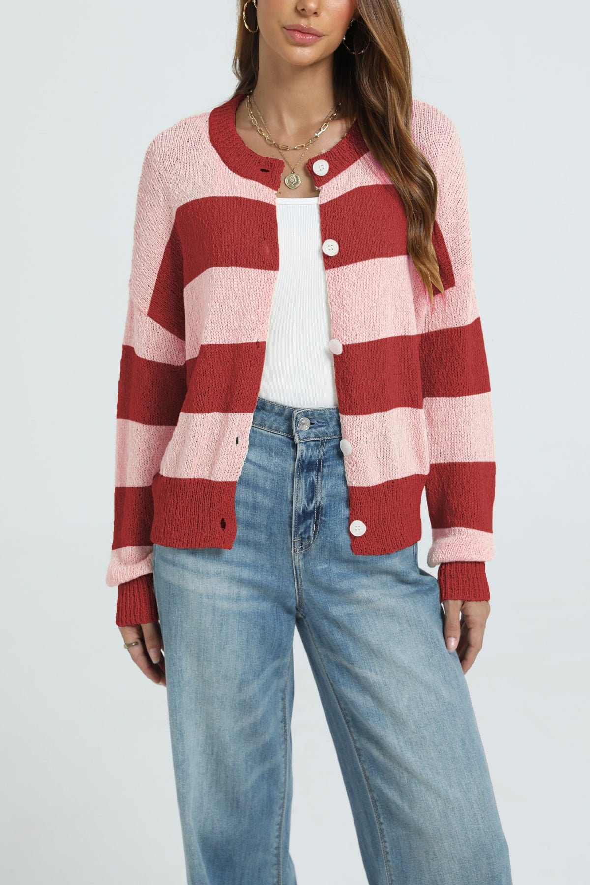 Women's Color Block Striped Cardigan Button Knit Sweater