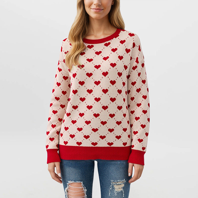 Valentine's Heart Print Oversized Knit Sweater