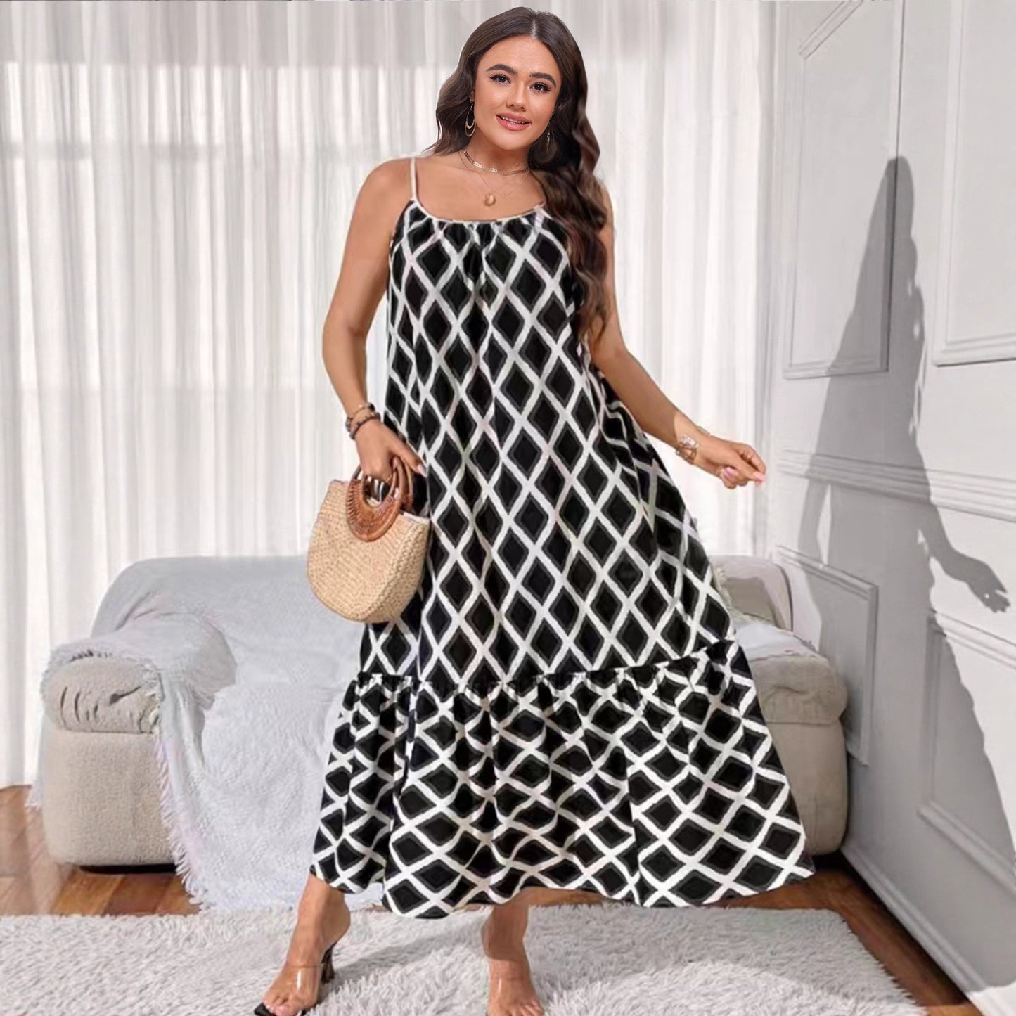 Plus Size Geometric Print Cami Maxi Dress Ruffle Hem