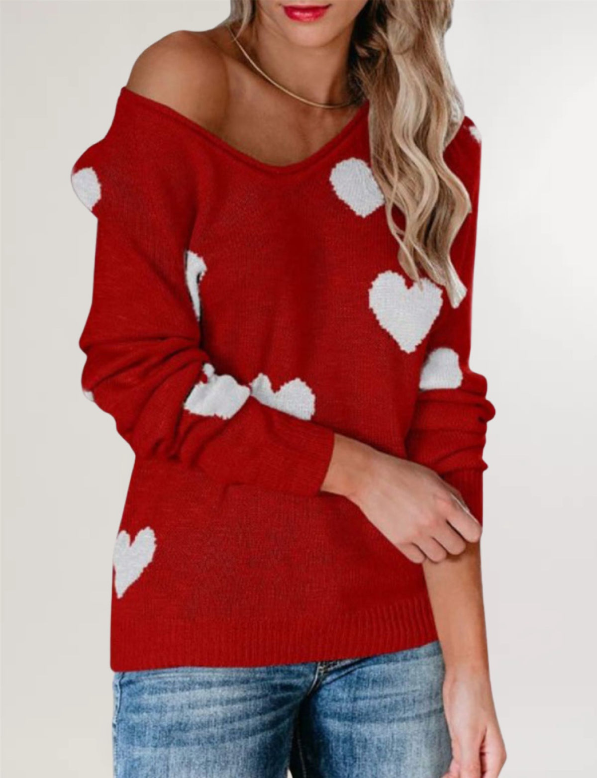 Women's Oversized Heart V Neck Valentine Sweater