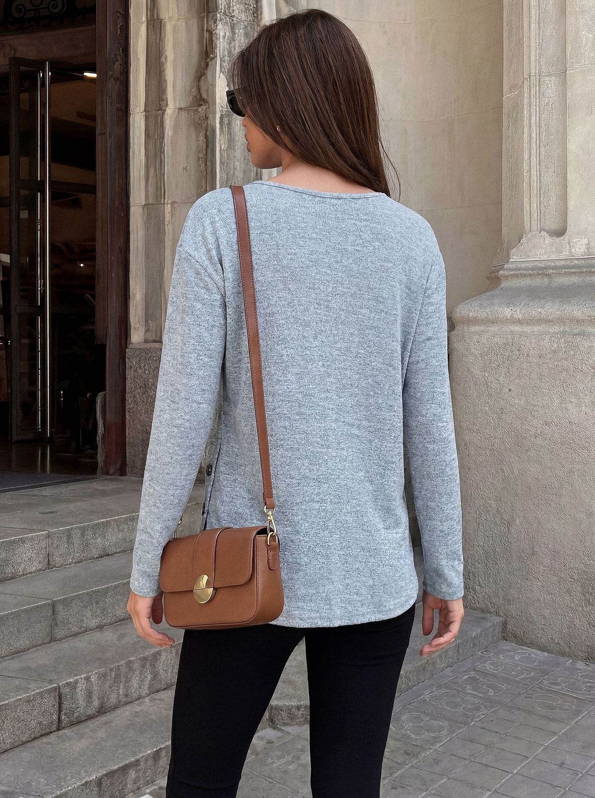 Women's Loose Long Sleeve Side Button Slit Tunic Top