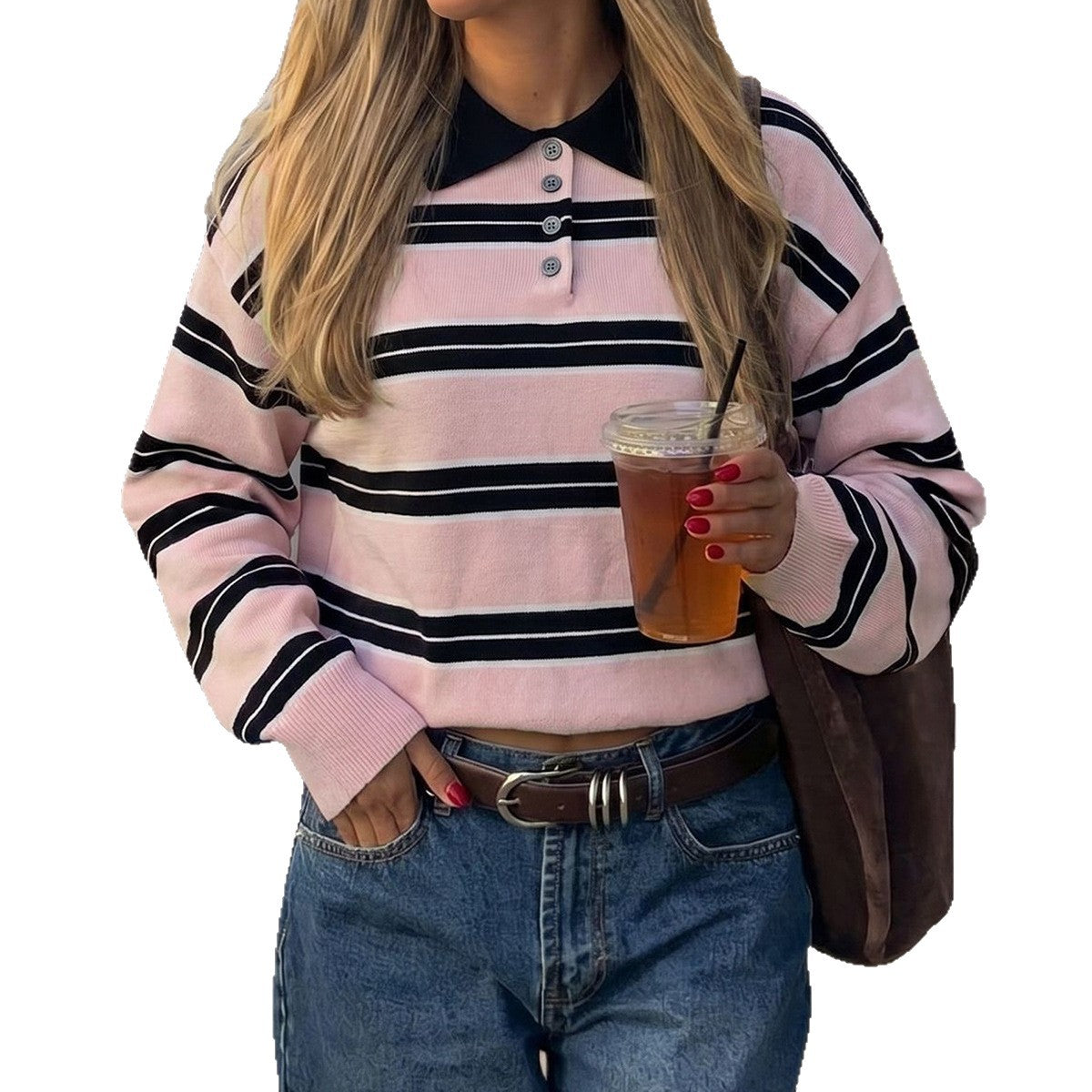 Women's Pink Striped Polo Sweater Long Sleeve Knit Top