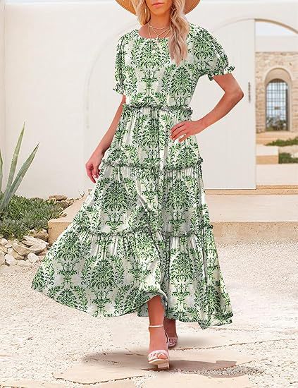 Floral Print Puff Sleeve Tiered Maxi Dress for Summer