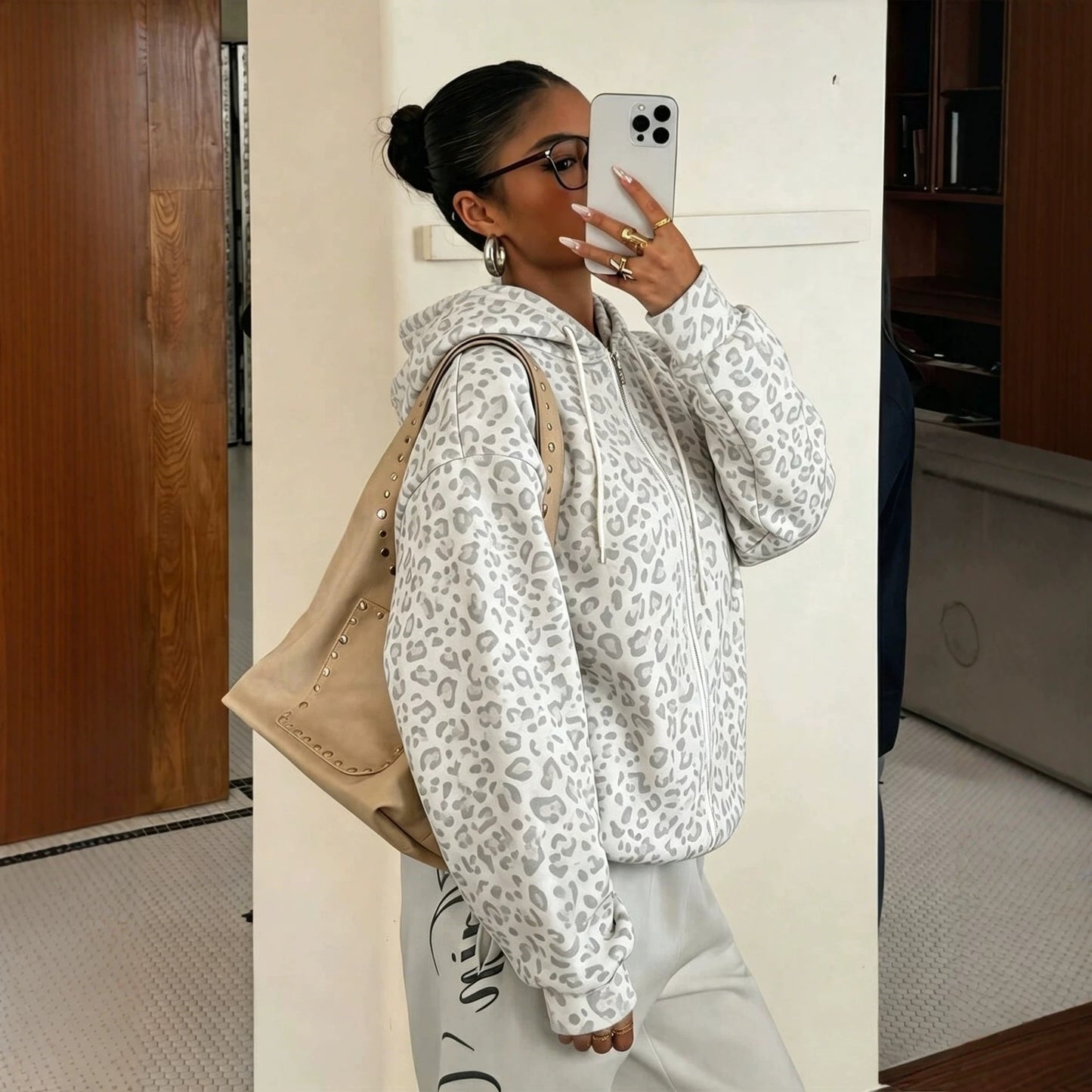 Women's Leopard Print Zip Up Fleece Hoodie Jacket