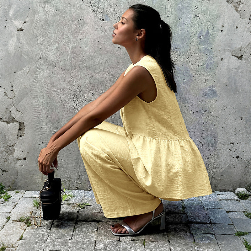 Women's Linen Look Peplum Vest Wide Leg Pants Two Piece Set