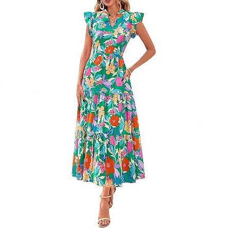 Floral V Neck Flutter Sleeve A Line Midi Dress