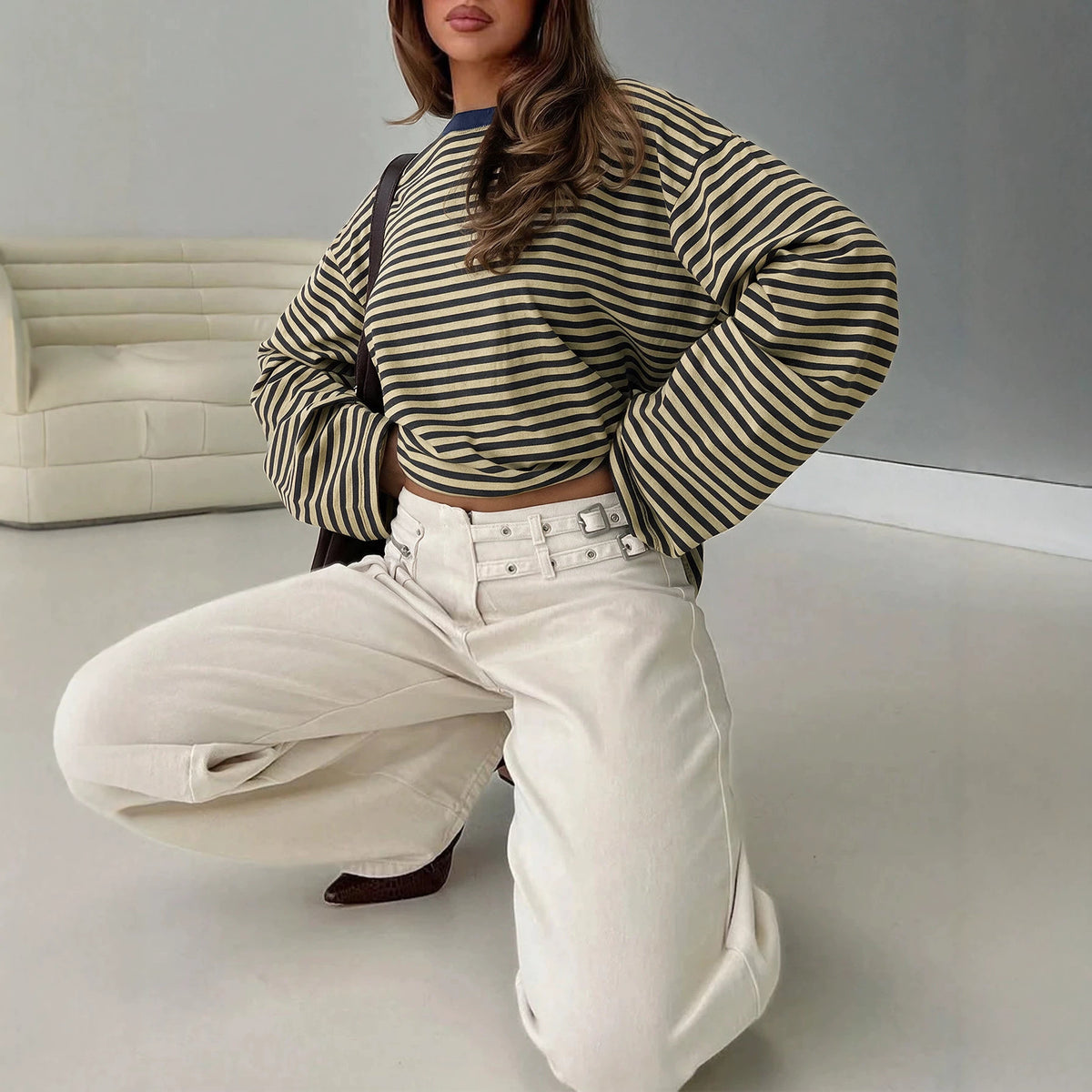 Women's Oversized Striped Long Sleeve Pocket T-Shirt