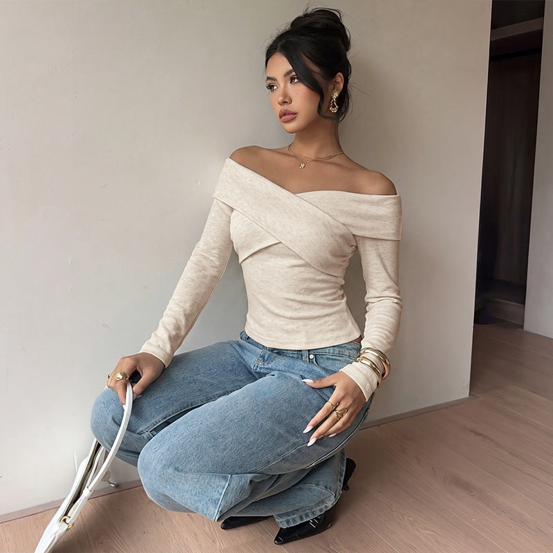 Solid Knit Top Romantic Crossover Off Shoulder