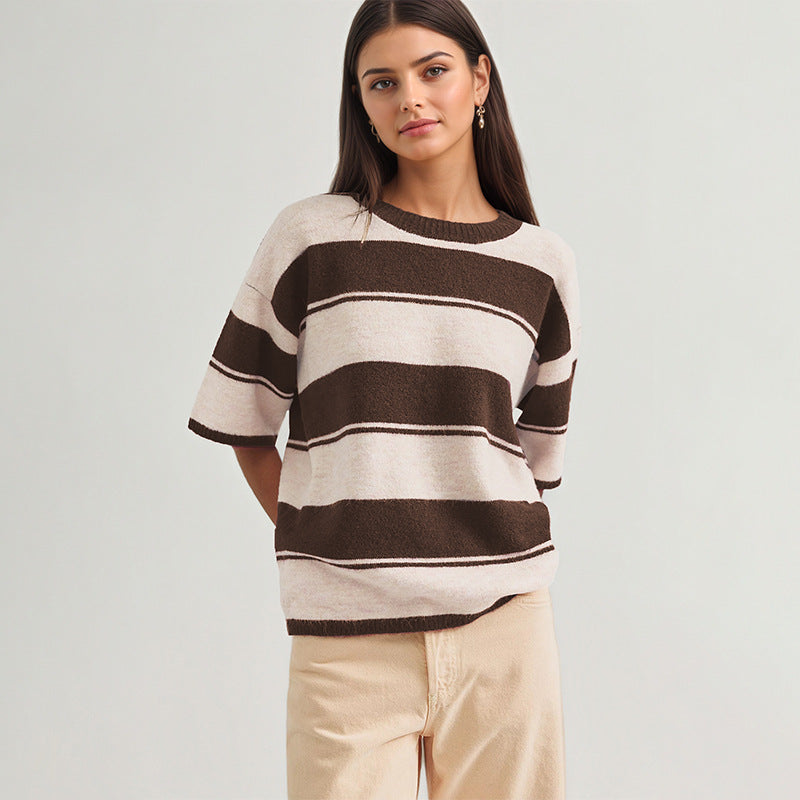 Women's Oversized Striped Crewneck Knit Half Sleeve Sweater