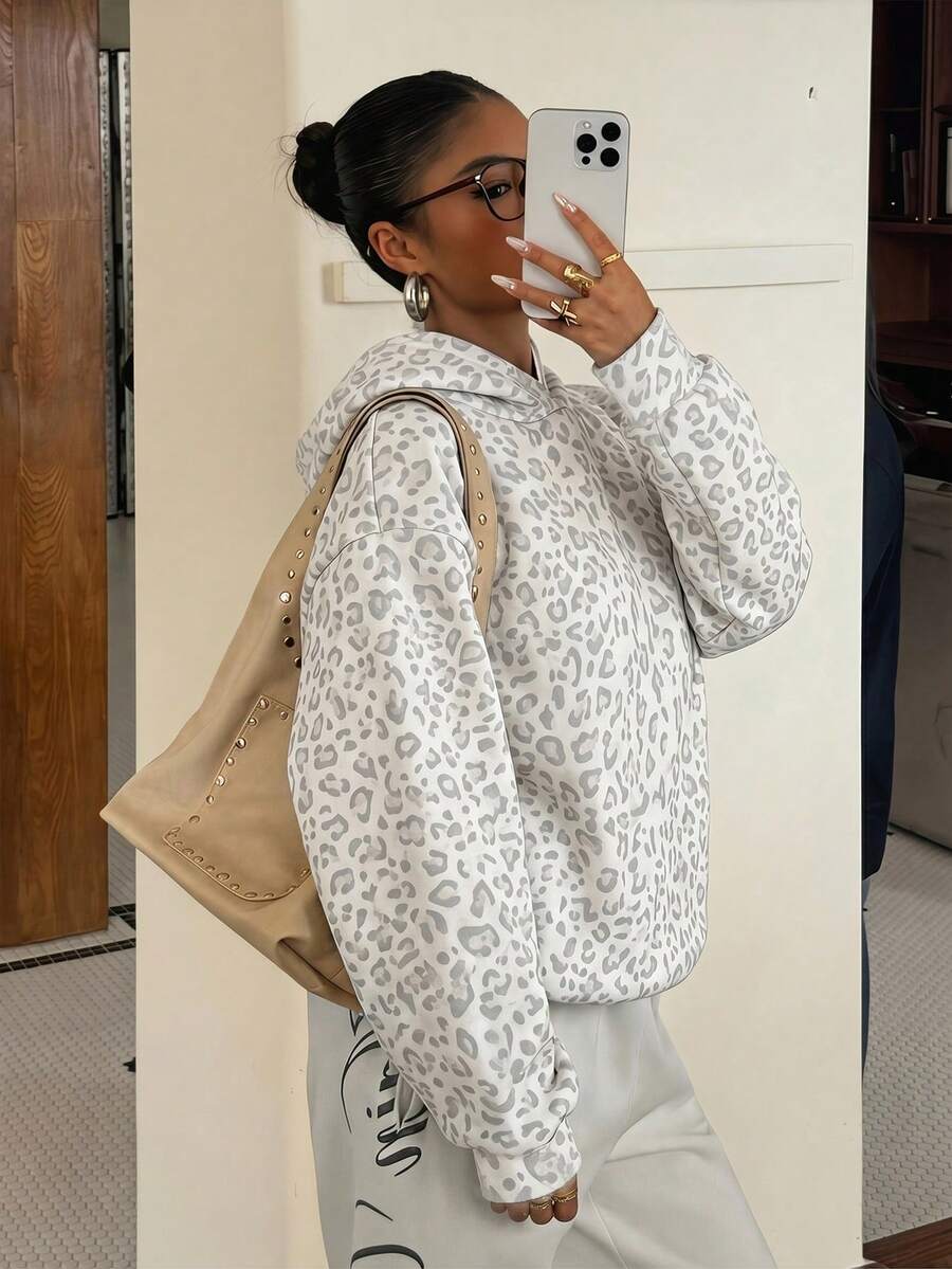 Leopard Hoodie Oversized Casual Pullover Sweatshirt