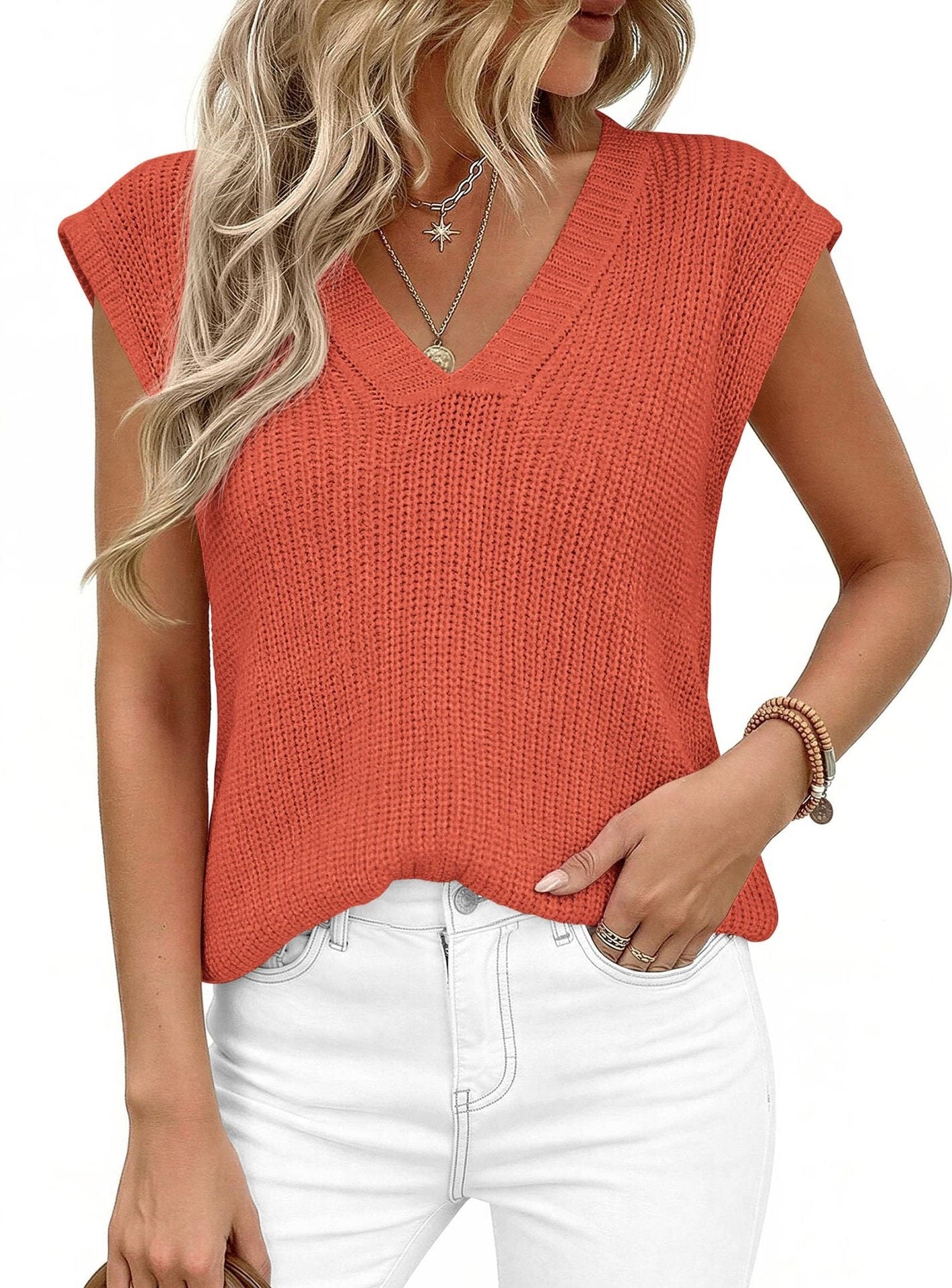 Women’s V Neck Sleeveless Knit Sweater Vest Loose Casual Summer Pullover Top