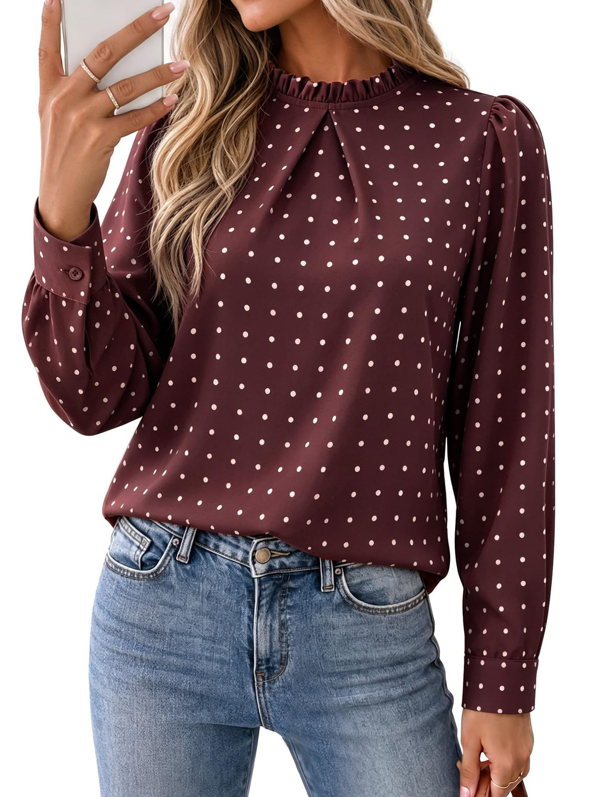Women's Polka Dot Puff Sleeve Ruffle Neck Blouse