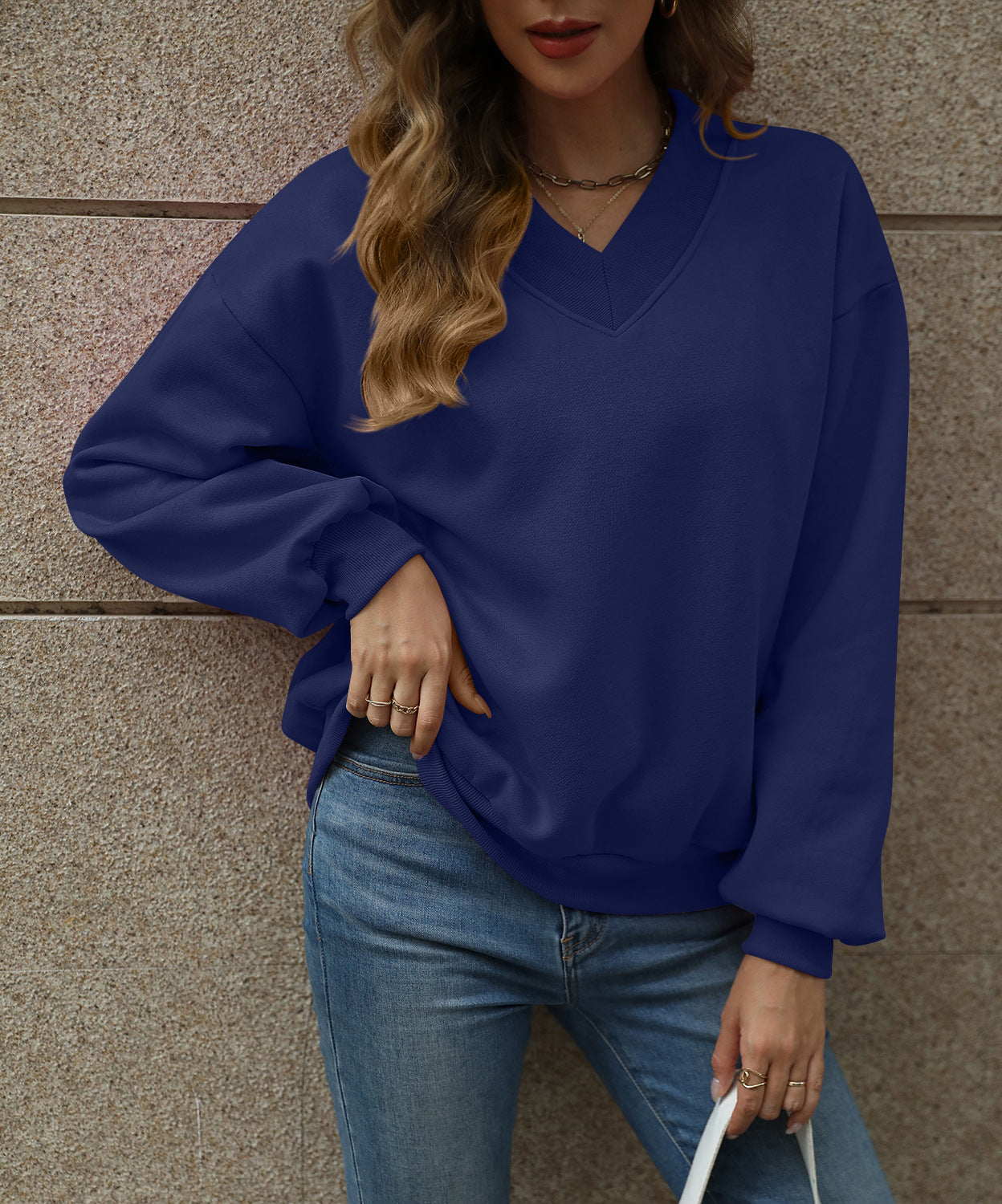 Solid Sweatshirt Casual Oversized V-Neck Pullover