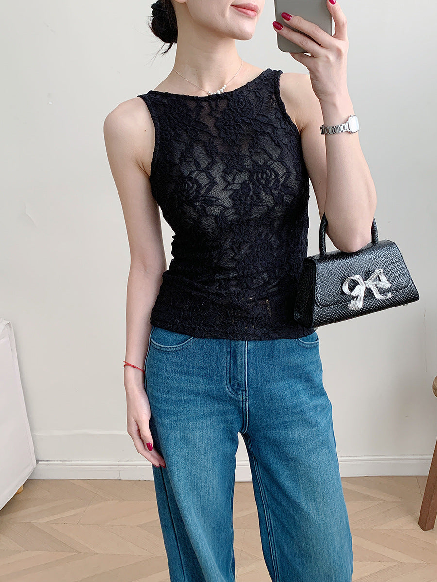 Women Lace Sleeveless Backless Slim Fit Tank Top